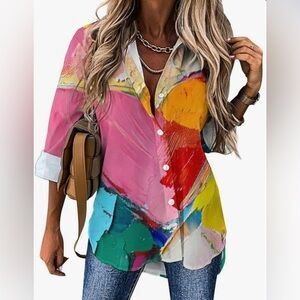 Colorful Graffiti Long Sleeve Button Down Dressy Blouse with Irregular Hem
